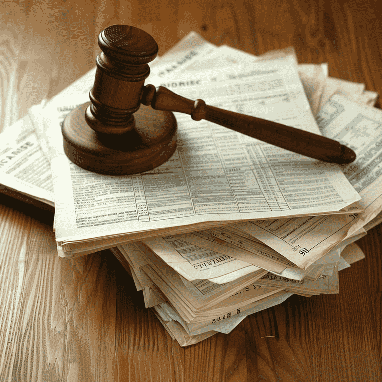 Wooden gavel on financial documents and legal books.