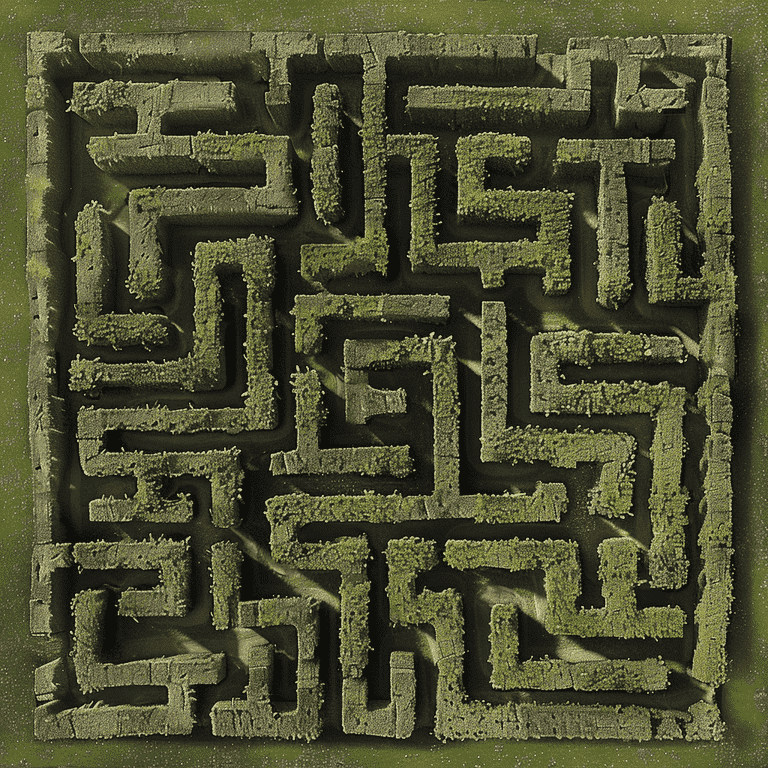 Overhead view of a complex maze with a highlighted path, metaphor for legal navigation.