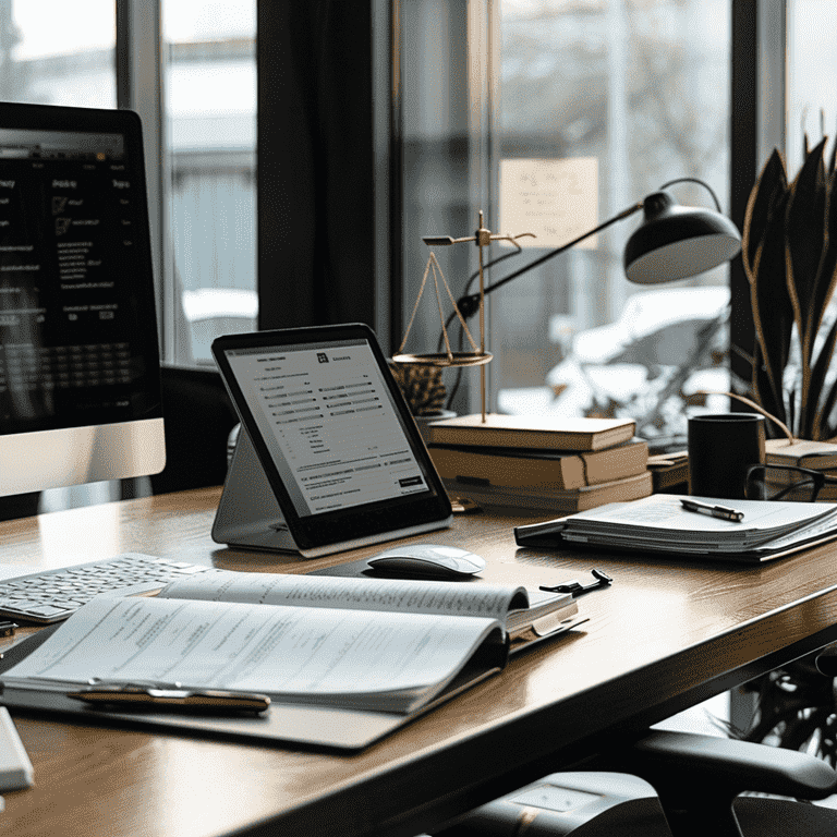 Organized desk with legal documents and computer for preparation