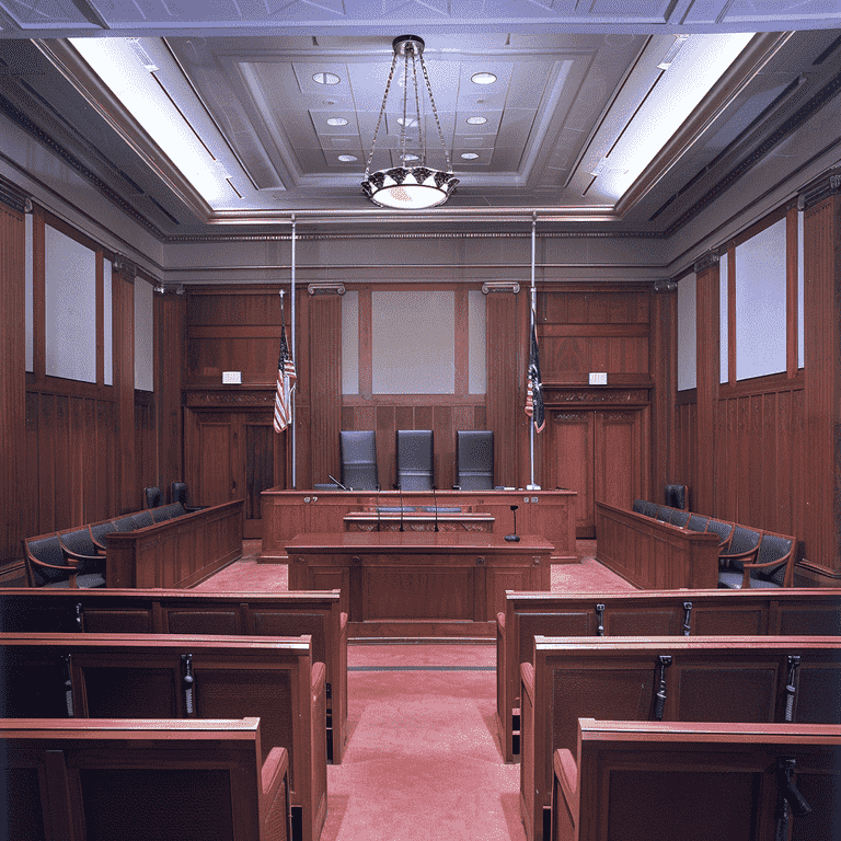 Courtroom interior view with judge's bench and witness stand.
