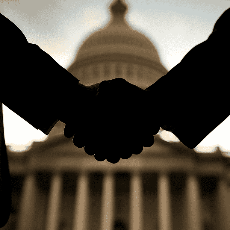 Silhouette of a handshake with a courthouse in the background, symbolizing legal resolution.