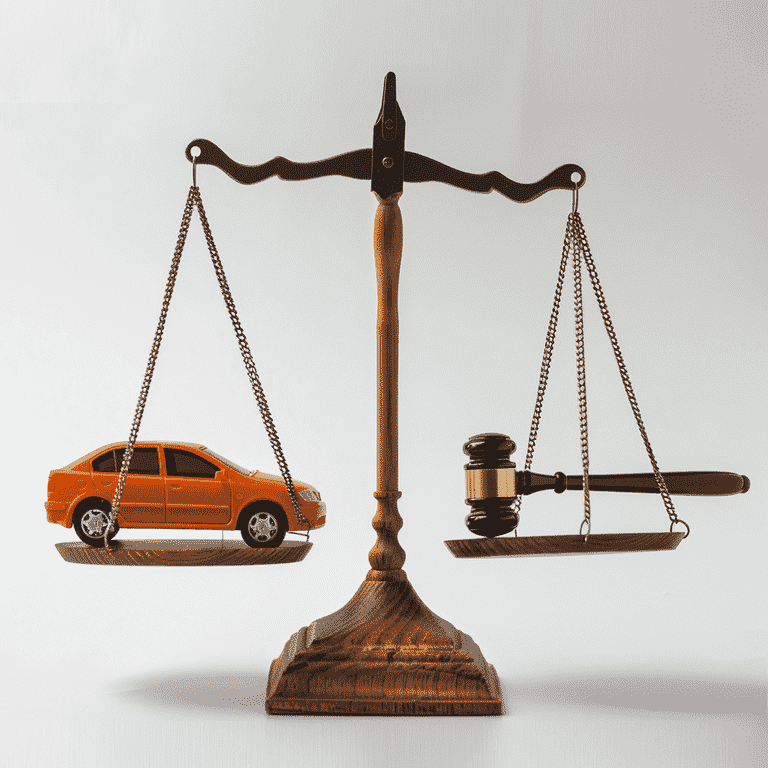 Scale balancing a model car and a gavel representing accident liability.