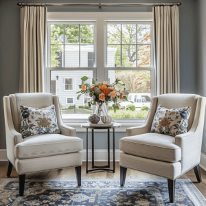 Comfortable living room setup with two chairs facing each other for open communication.