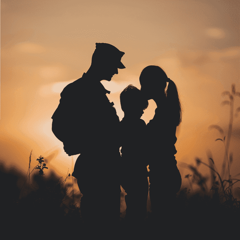 Family silhouette against a backdrop of a military uniform, representing the establishment of 51/49 custody for military families.