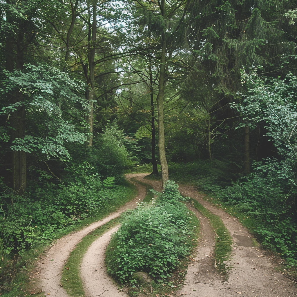 Forest path diverging with judge's gavel background symbolizing decisions in modifying and terminating support