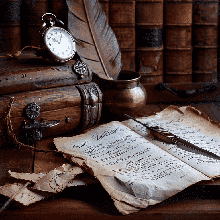 Vintage will document with antique pocket watch and quill symbolizing the nature of specific bequests.