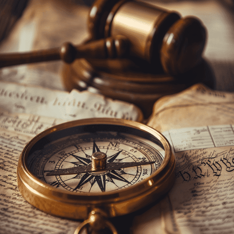 Compass on legal documents and gavel background.