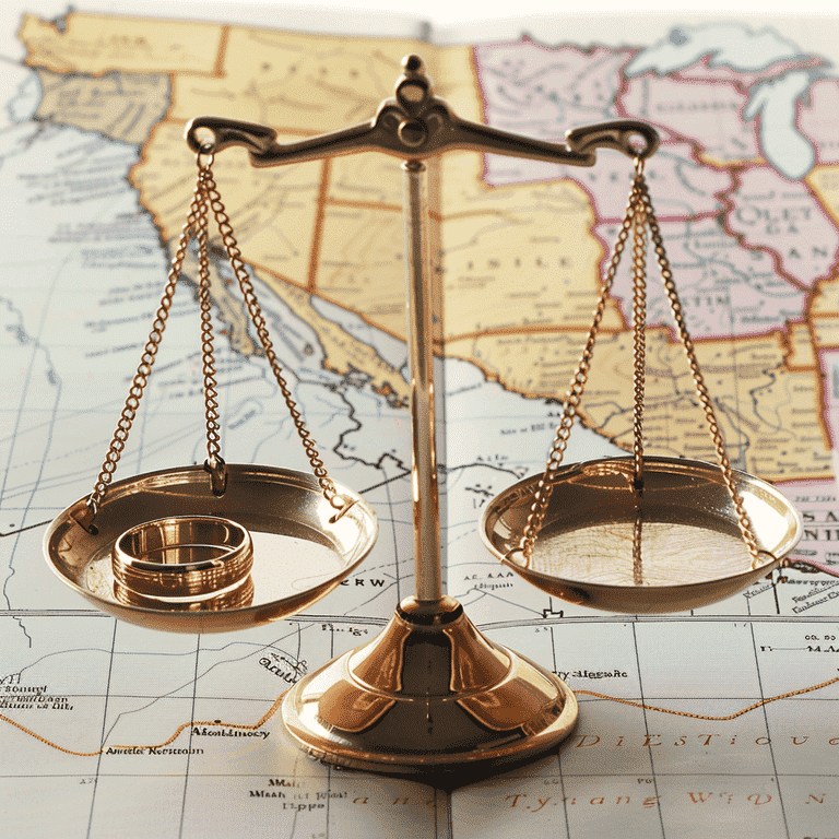 Balanced scale with wedding rings representing the fairness in postnuptial agreements, against a Nevada outline backdrop.