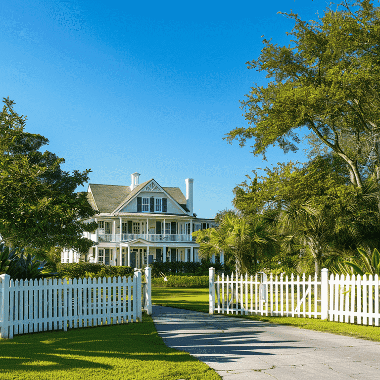 Residential house with white picket fence and green surroundings