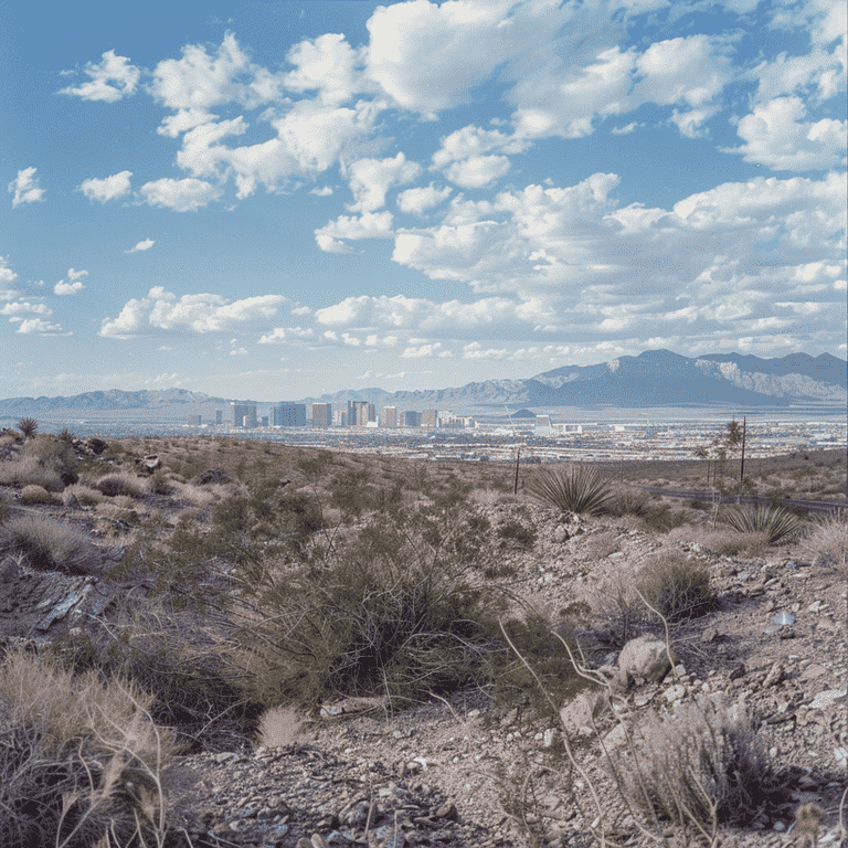 Panoramic view of the Nevada desert with Las Vegas skyline in the distance.