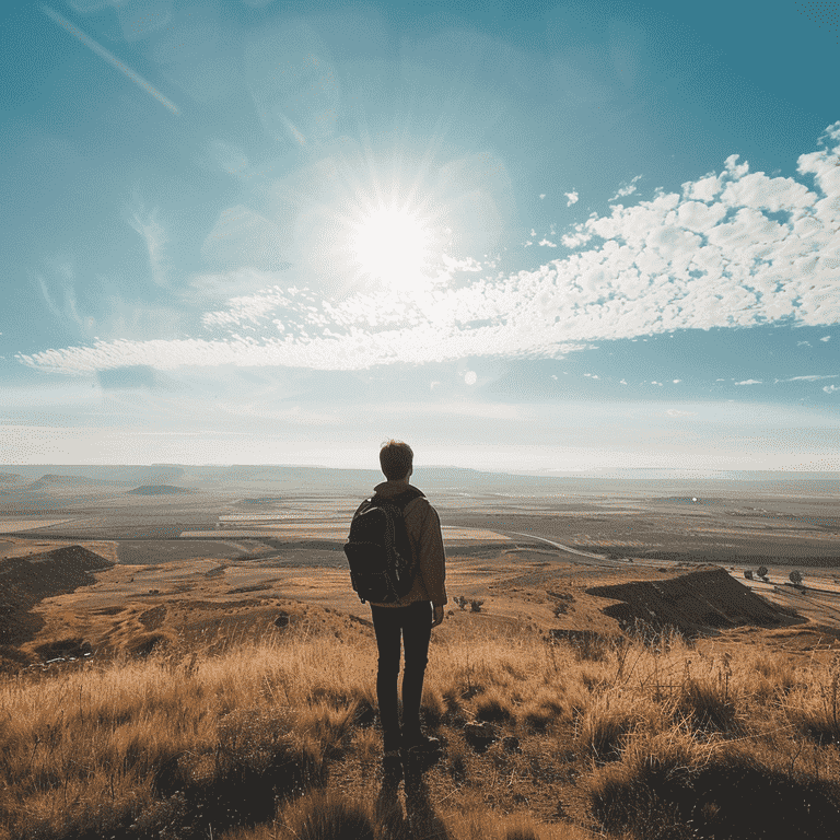 Solo traveler overlooking a vast landscape symbolizing new beginnings