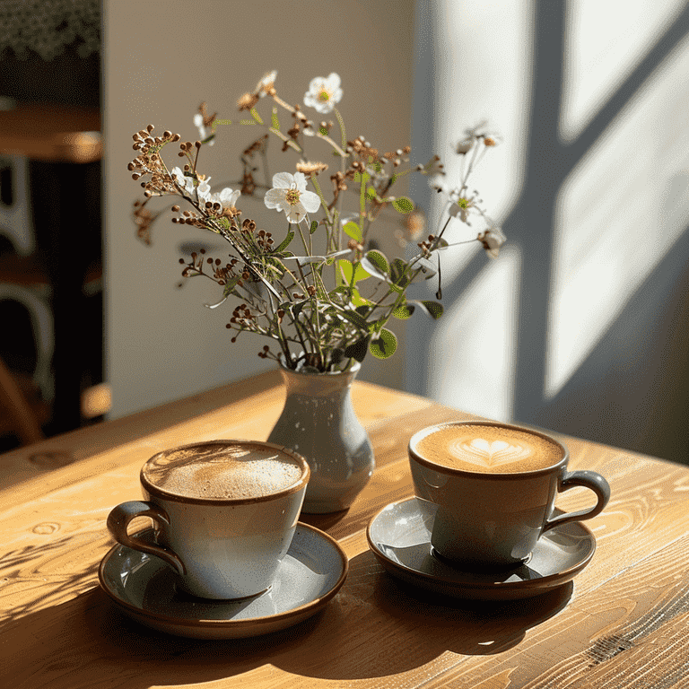 Two coffee cups and a blooming plant on a table.