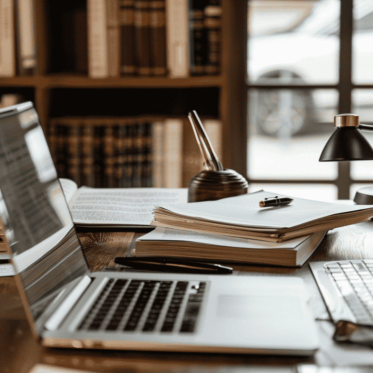 Organized desk with legal documents and laptop ready for divorce preparation.