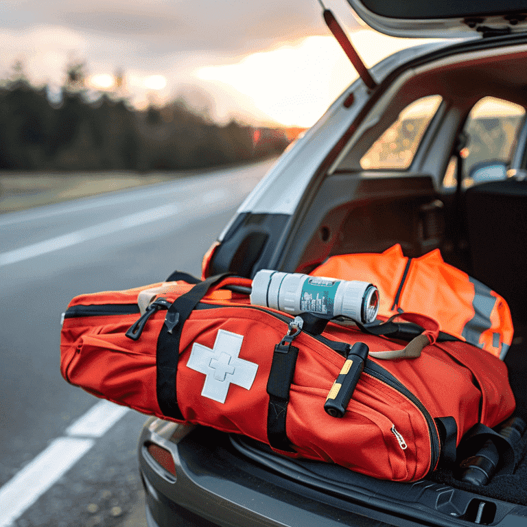 Emergency kit with first aid, flashlight, and safety vest on car trunk