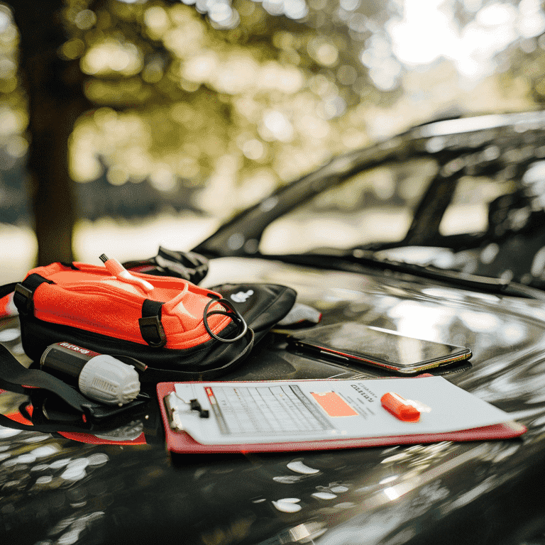 Safety kit, checklist, and smartphone on a car hood for post-collision preparedness
