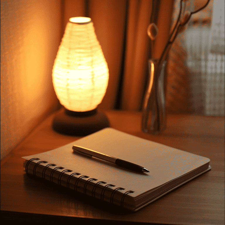 Empty notebook and pen under desk lamp symbolizing preparation