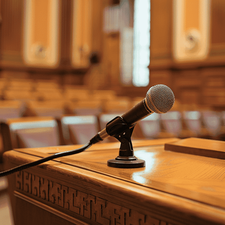 Microphone on a witness stand ready for someone to present their case.