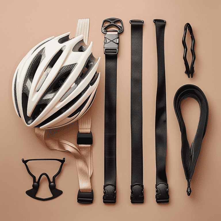 Bicycle helmet, car seatbelt, and protective gear representing injury prevention.