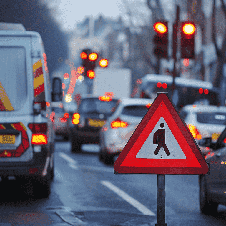 Road safety signs and a responsibly driven company vehicle emphasizing prevention and best practices.