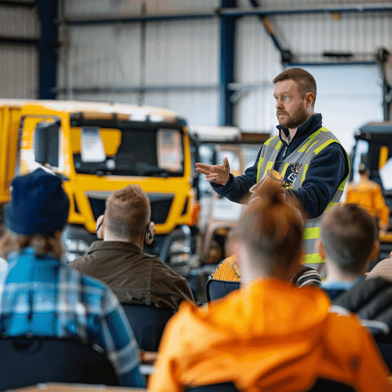 Employer leading a safe driving seminar for employees with company vehicles in the background.