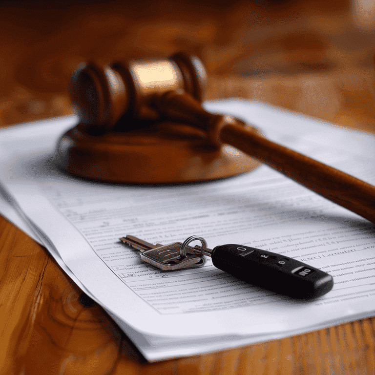 Gavel and car key on insurance paperwork symbolizing compensation claim for a totaled leased vehicle.