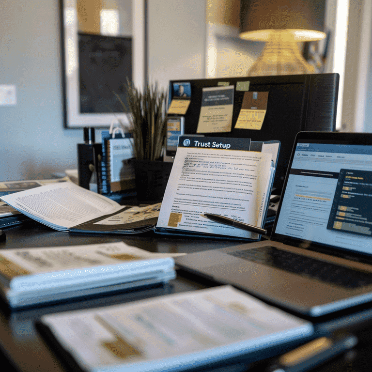 Guidebook and laptop on desk showing steps to set up a NING Trust.