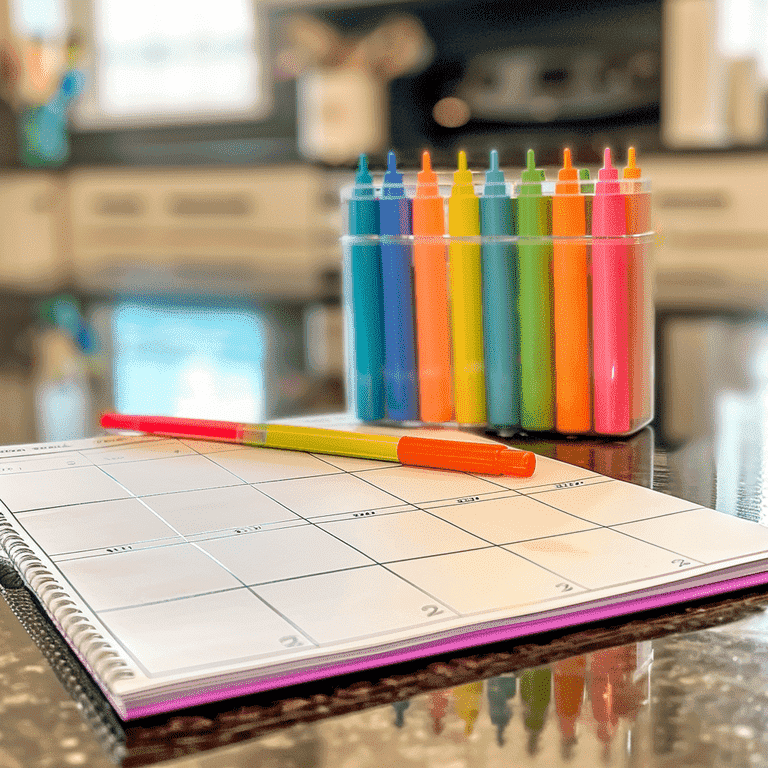 Shared parenting calendar with colorful markers.