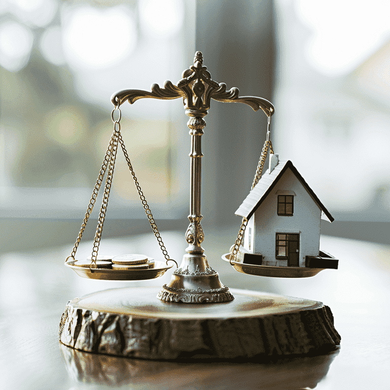 Balance scale with coins and house model representing NING Trust tax implications and benefits.