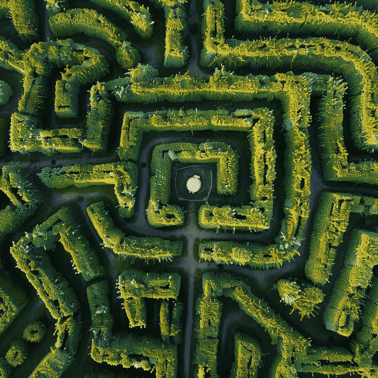 Aerial view of a hedge maze with a path leading to tax savings symbolized by a tax form or piggy bank at the center.