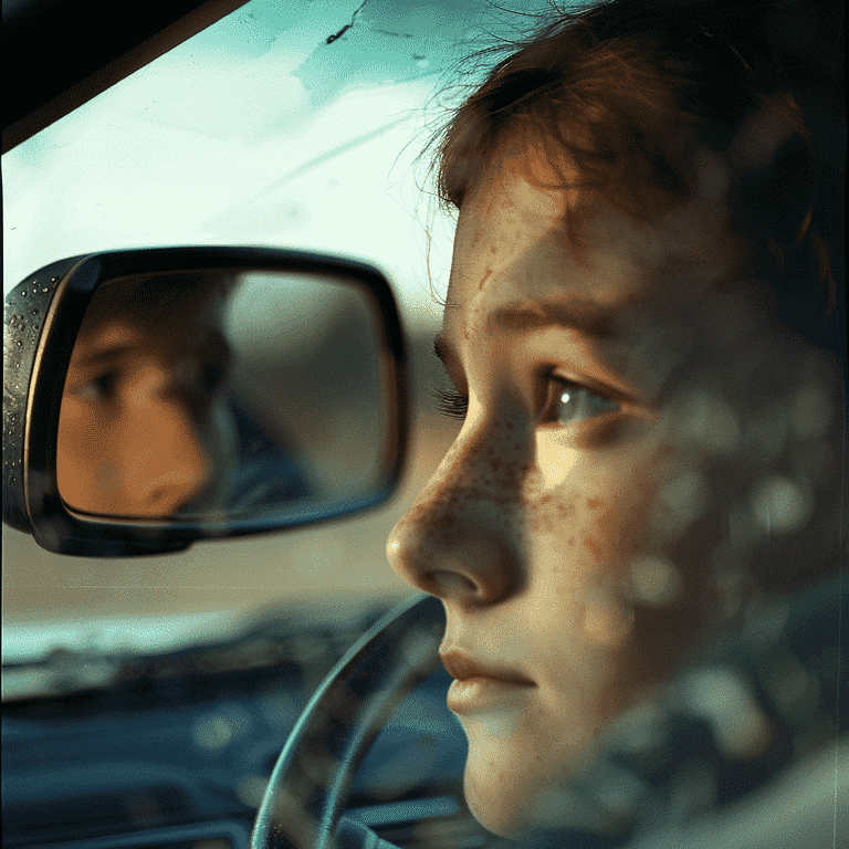 Young driver's reflection in car's rearview mirror, symbolizing the transition to full licensing.