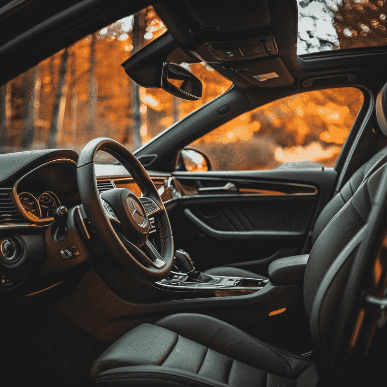 Empty driver's seat through an open car door, indicating a moment of caution.