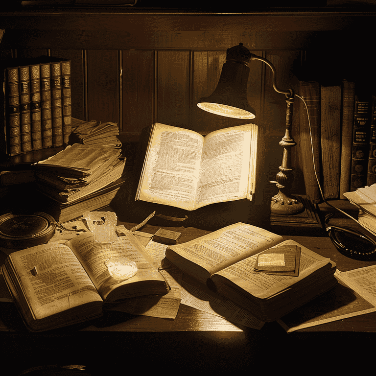 Vintage desk with legal tomes and documents under a lamp, symbolizing study of past legal cases.
