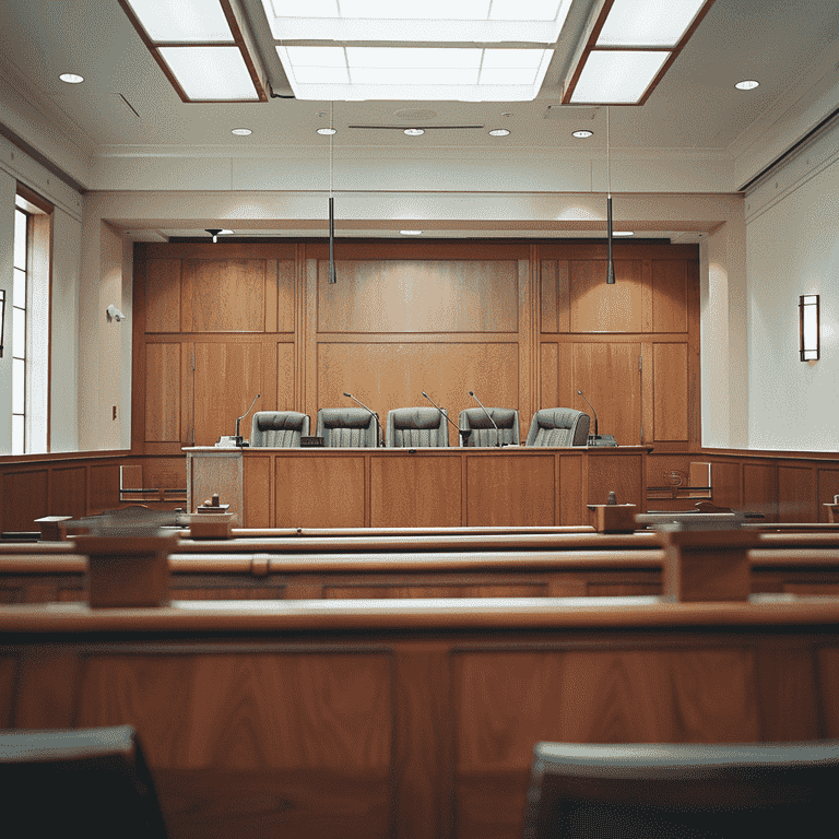Empty courtroom with focus on jury box highlighting the implications of multiple hung juries.