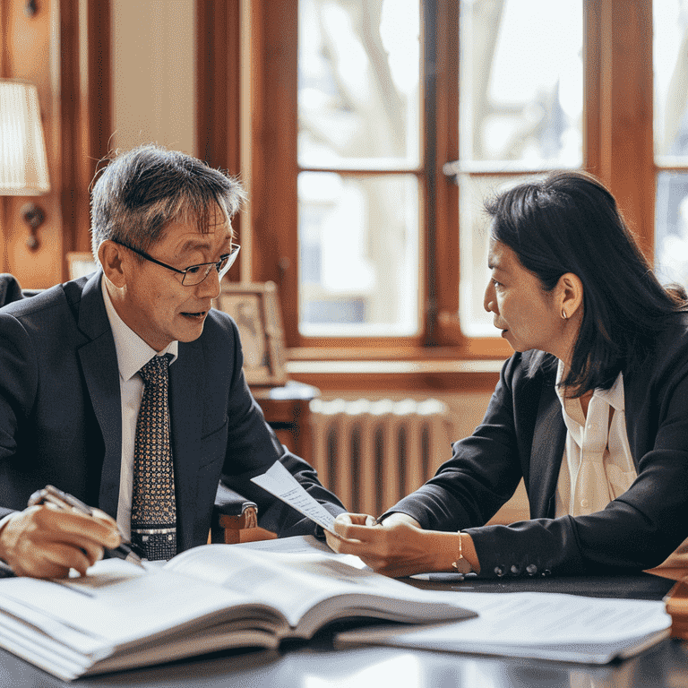 Lawyer and client discussing plea bargains and settlements over legal documents