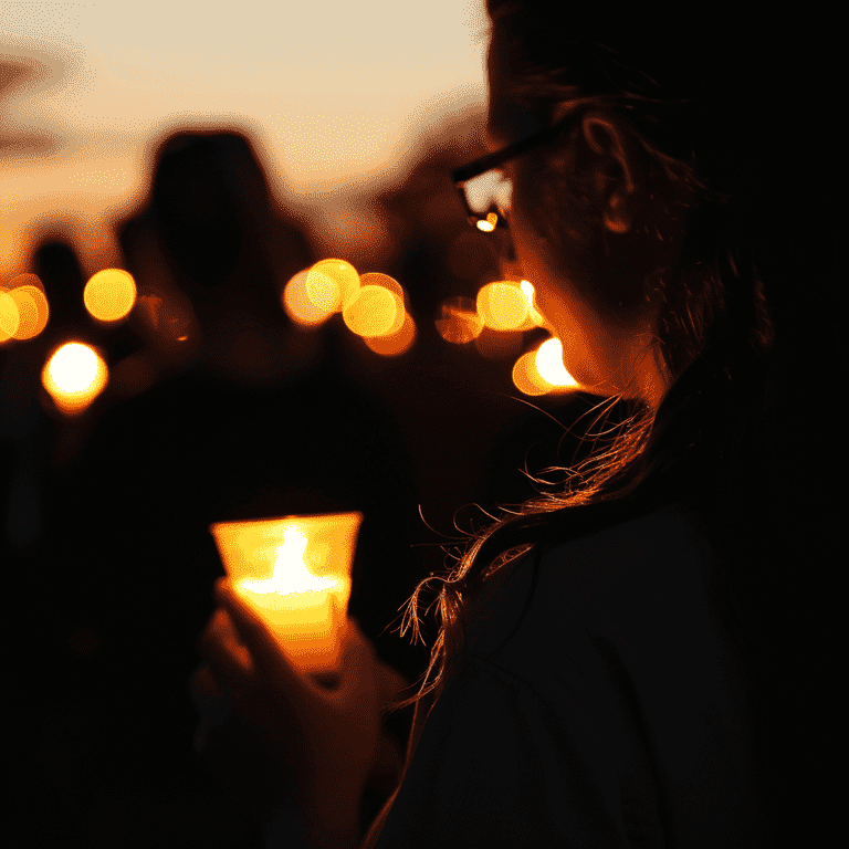 Silhouette of a candlelight vigil crowd.