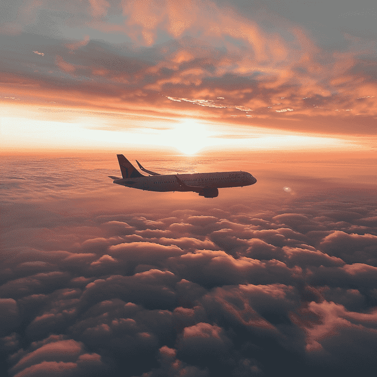 Airplane flying above the clouds during sunrise, symbolizing the journey's challenges.