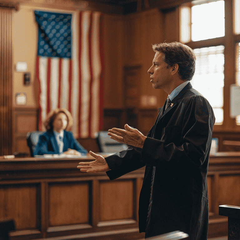 Attorney making a closing argument in a courtroom, with the American flag in the background.