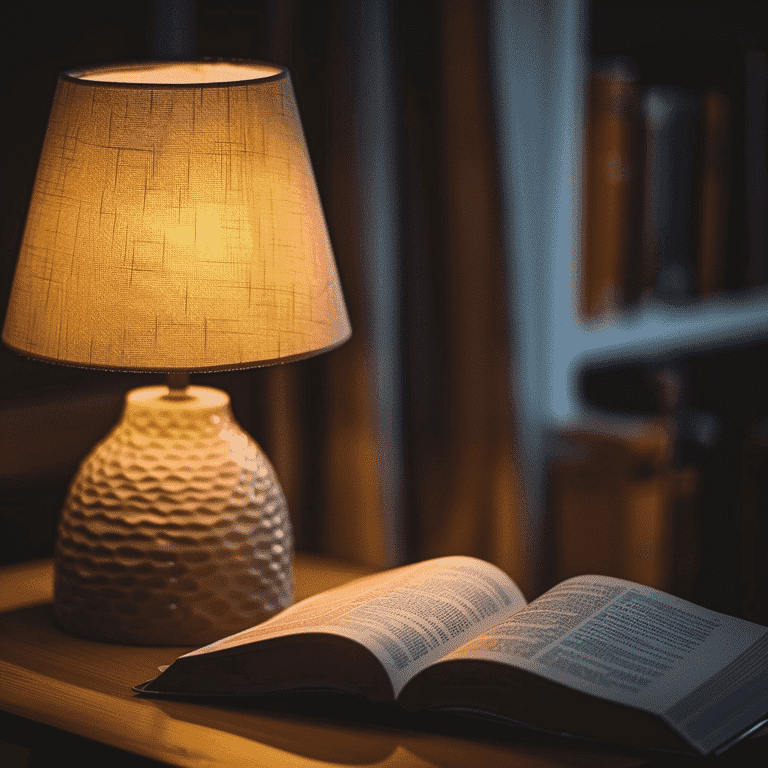 Open Book with Lit Lamp on Table