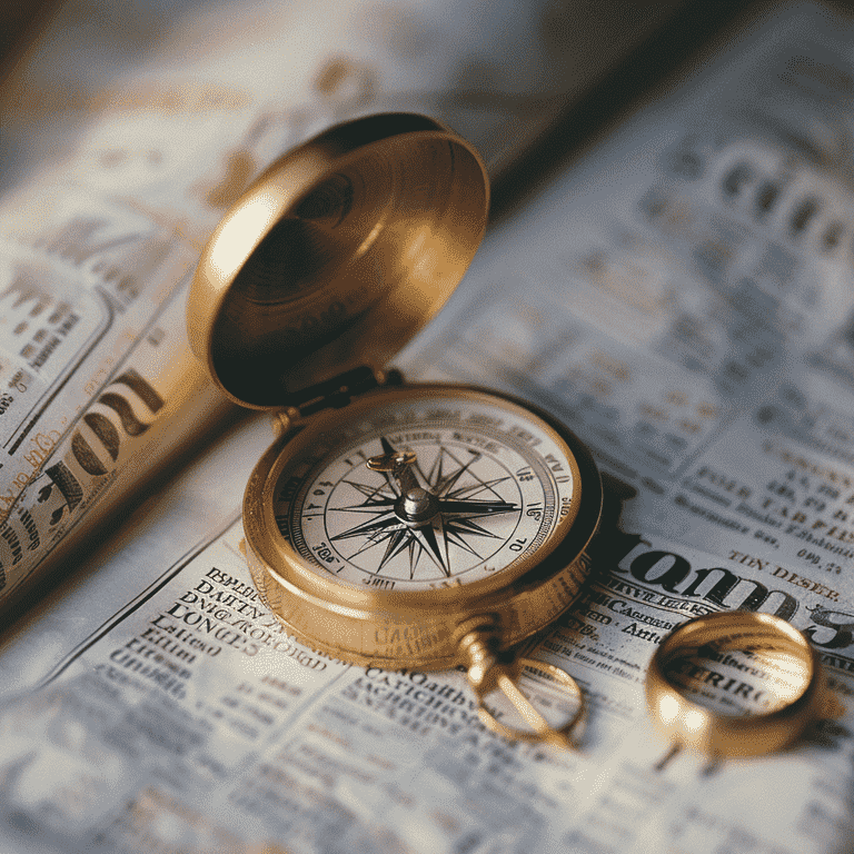 Compass and wedding ring on financial newspaper symbolizing navigation through divorce and financial settlements
