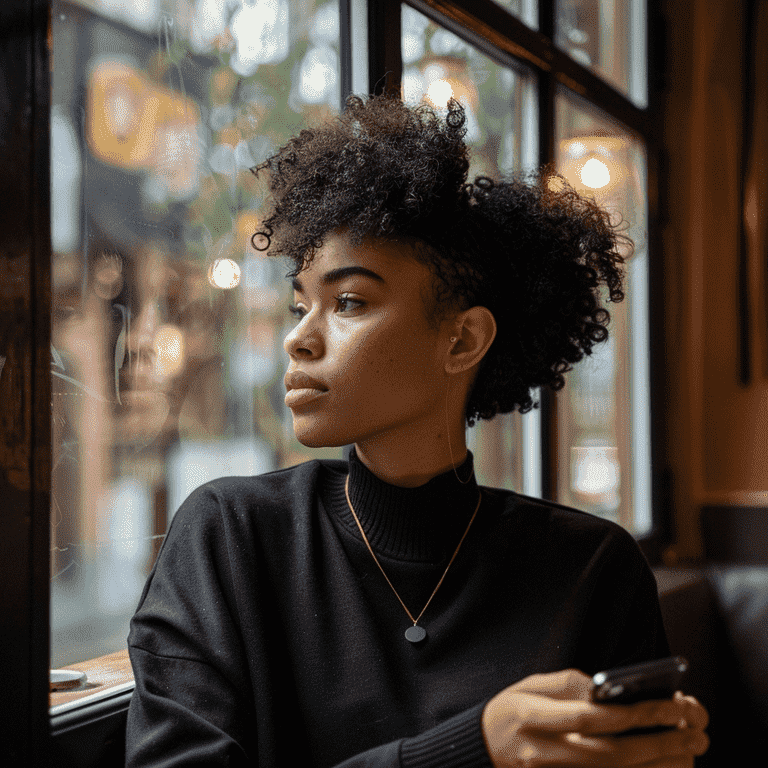 Person contemplating next steps before taking action, holding a phone in a softly lit room.