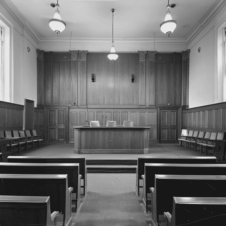 Empty courtroom with judge's bench and witness stand.