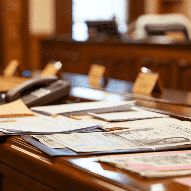 Close-up of evidence items on a courtroom table, including documents, photographs, and digital devices