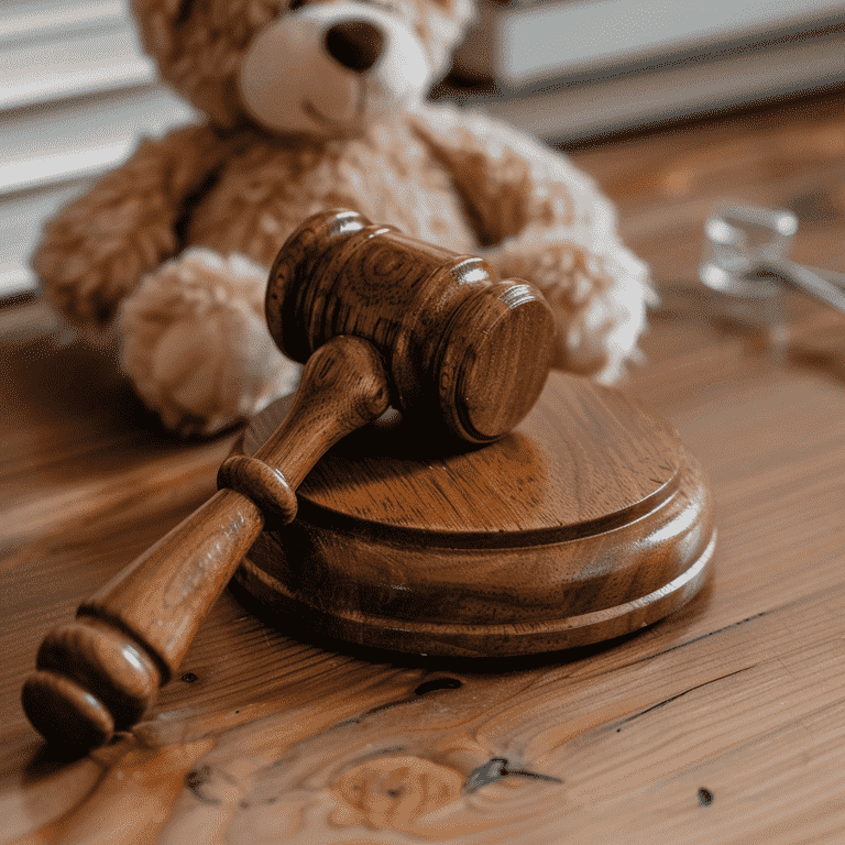 Courtroom gavel beside a child's toy representing factors in child custody preference.