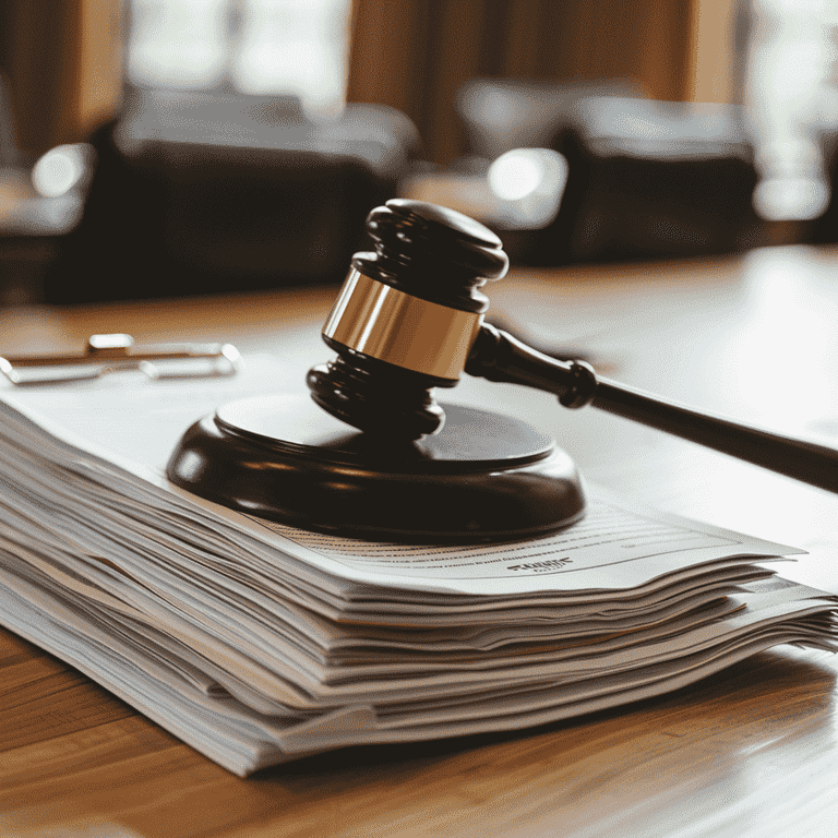 Gavel and legal documents on a courtroom desk