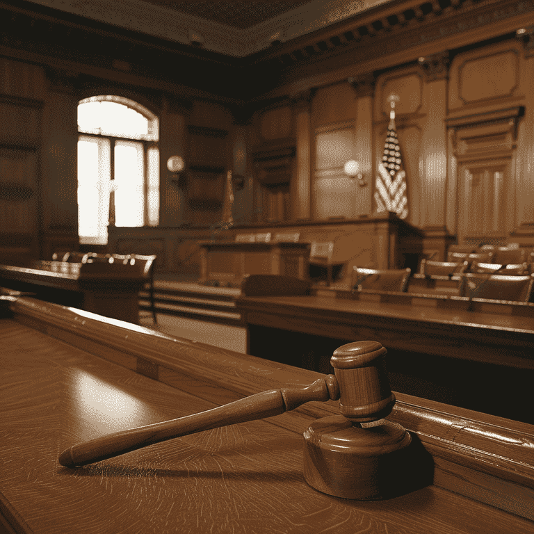 Interior of a courtroom with an empty judge's bench and a gavel symbolizing legal authority.