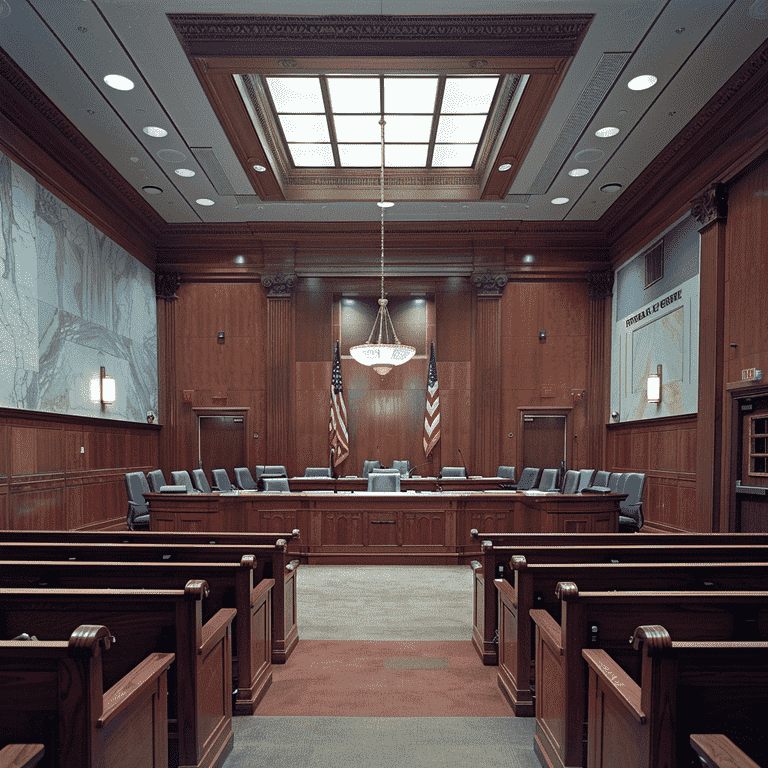 Courtroom interior focusing on judge's bench and empty witness stand, representing child involvement in legal proceedings.