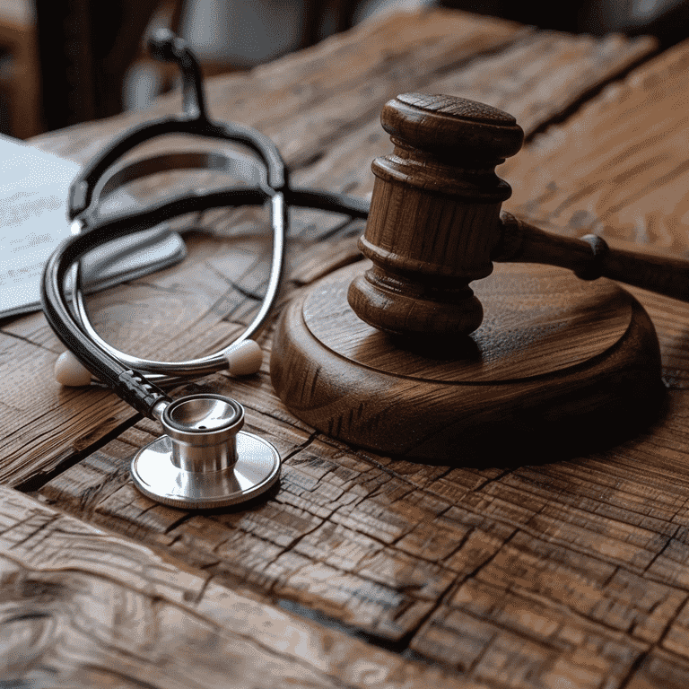 Gavel and Stethoscope on Wooden Table