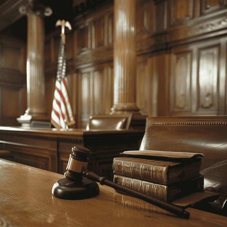 Courtroom with gavel and legal books on judge's bench, symbolizing the legal process of divorce.