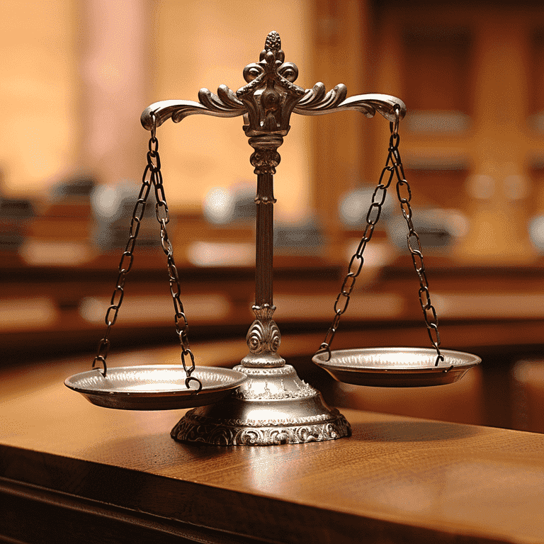 Balanced scales of justice in a courtroom with legal books and a gavel.