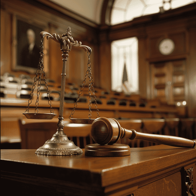 Classic courtroom with gavel and scales of justice on judge's bench.